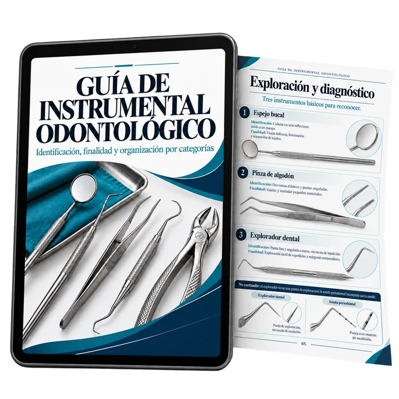 Guía de instrumental odontológico de 24 páginas en tablet y página impresa