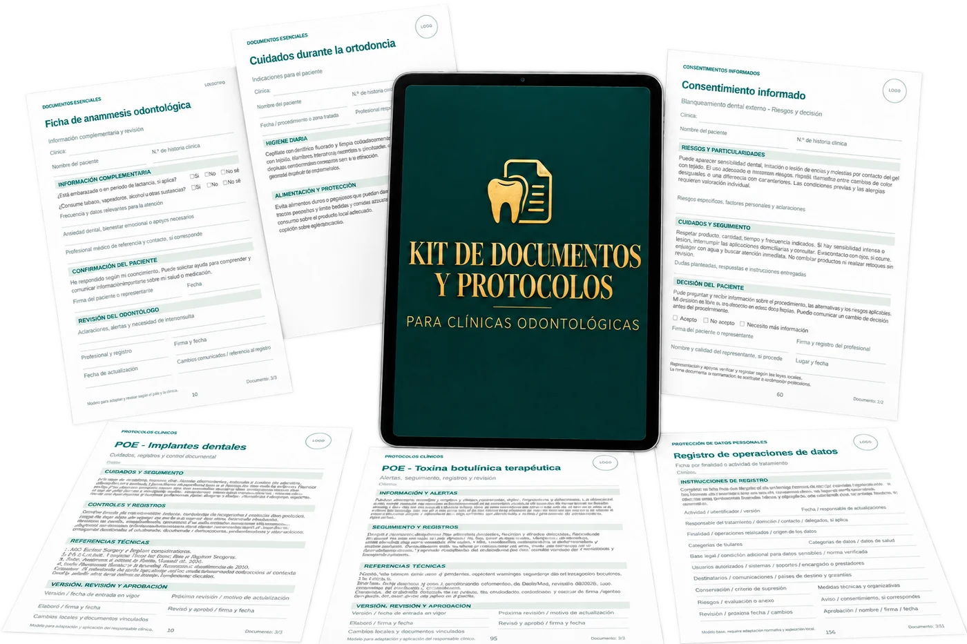Kit de Documentos y Protocolos para Clínicas Odontológicas en laptop, tablet y celular