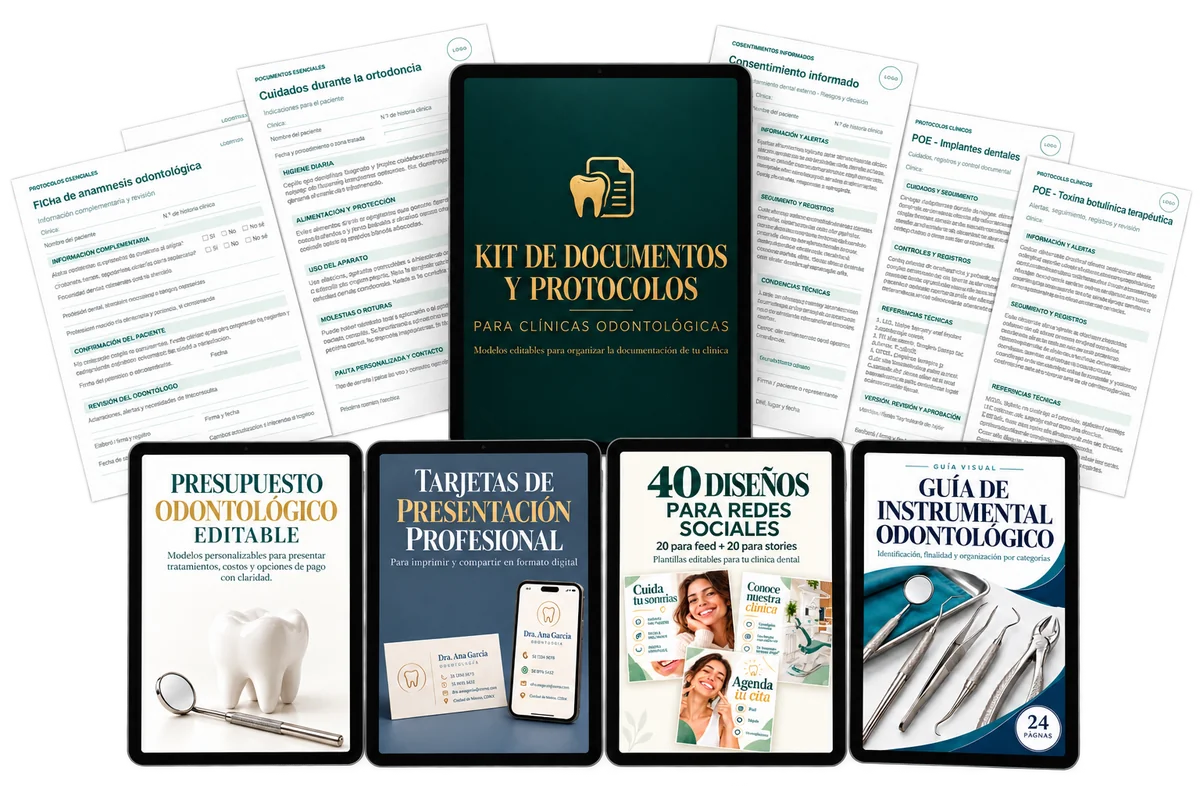 Kit de Documentos y Protocolos con sus 4 bonos: presupuesto, tarjetas, diseños para redes y guía de instrumental