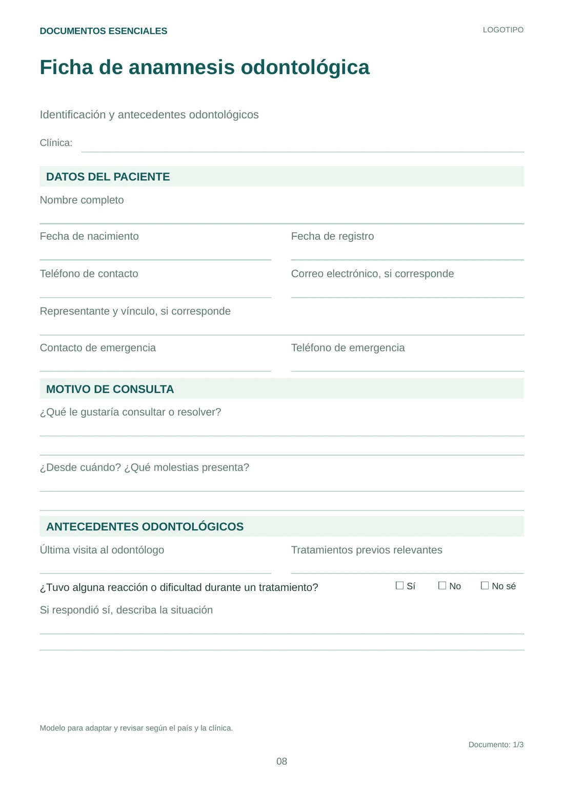 Página de ejemplo: Ficha de anamnesis odontológica